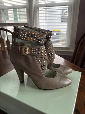Matiko Taupe Studded Ankle Heeled Boots with Buckle